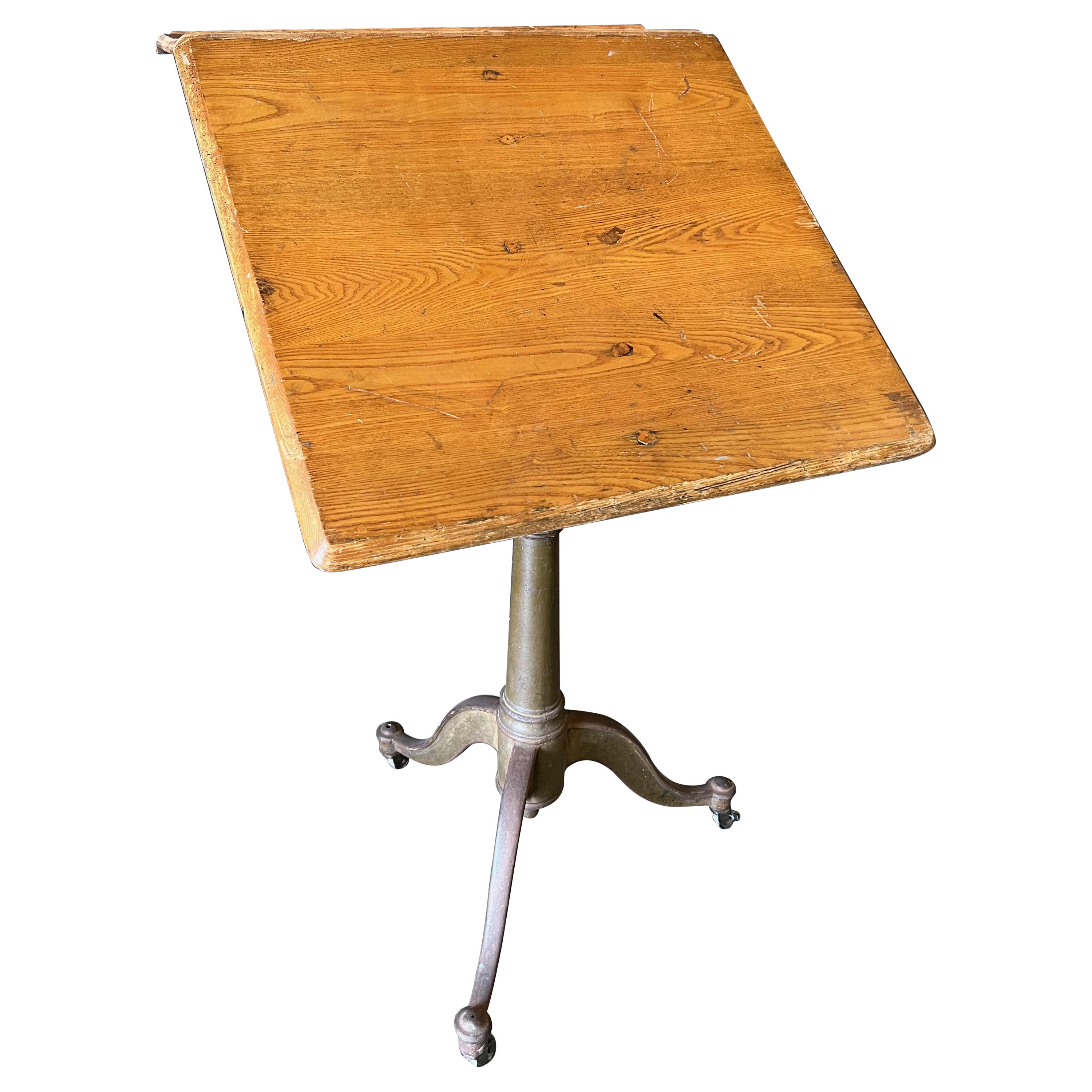 Industrial Vintage Adjustable c 1930 Cast Iron Drafting Table For Sale