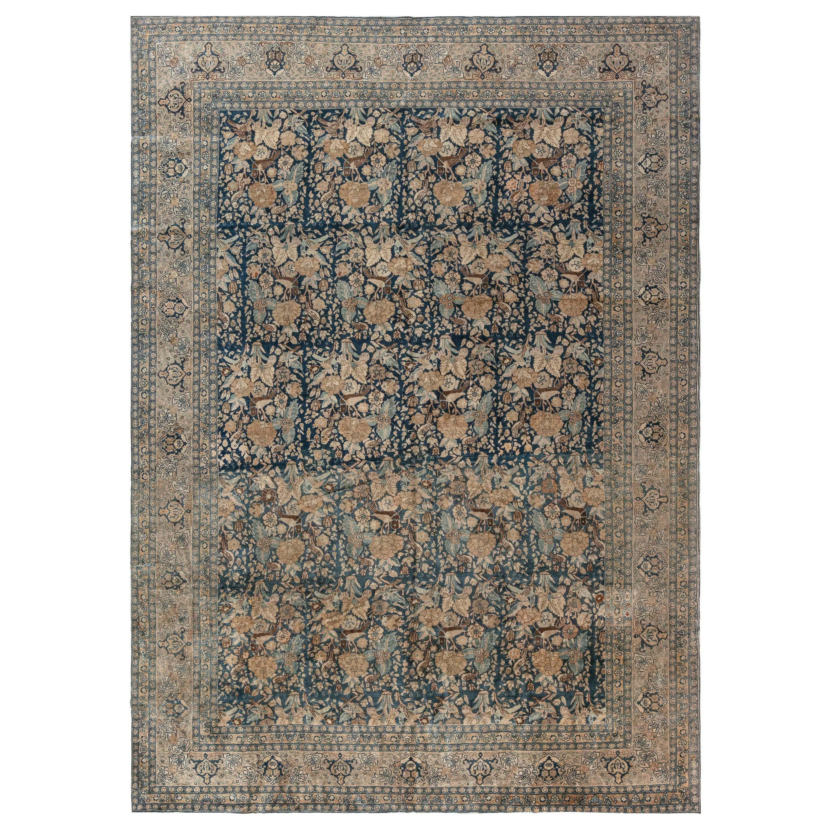 Antiker persischer Tabriz Floral Design Blauer Teppich im Angebot