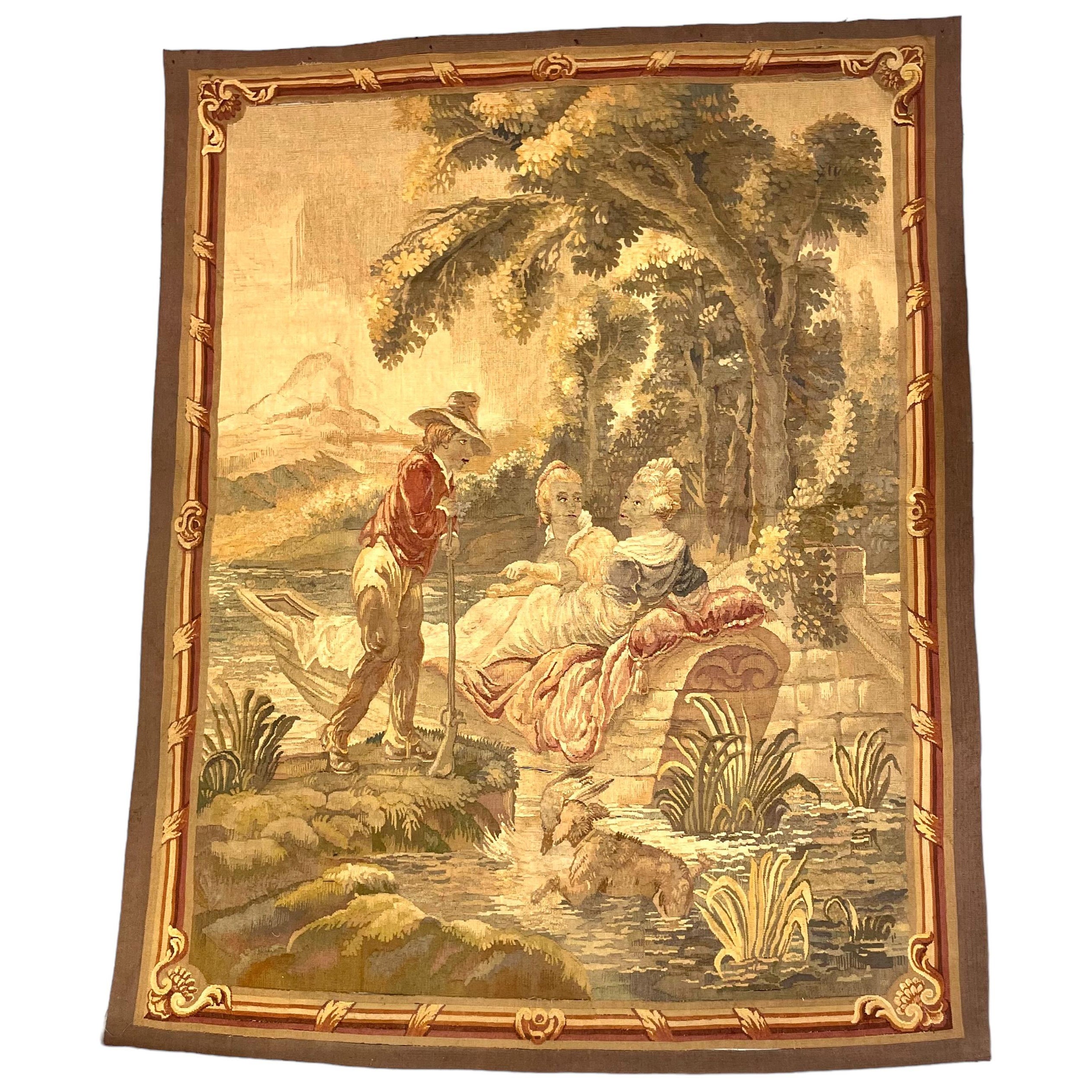 French Aubusson Pastoral Tapestry featuring a Gallant Scene, Late 19th Century For Sale