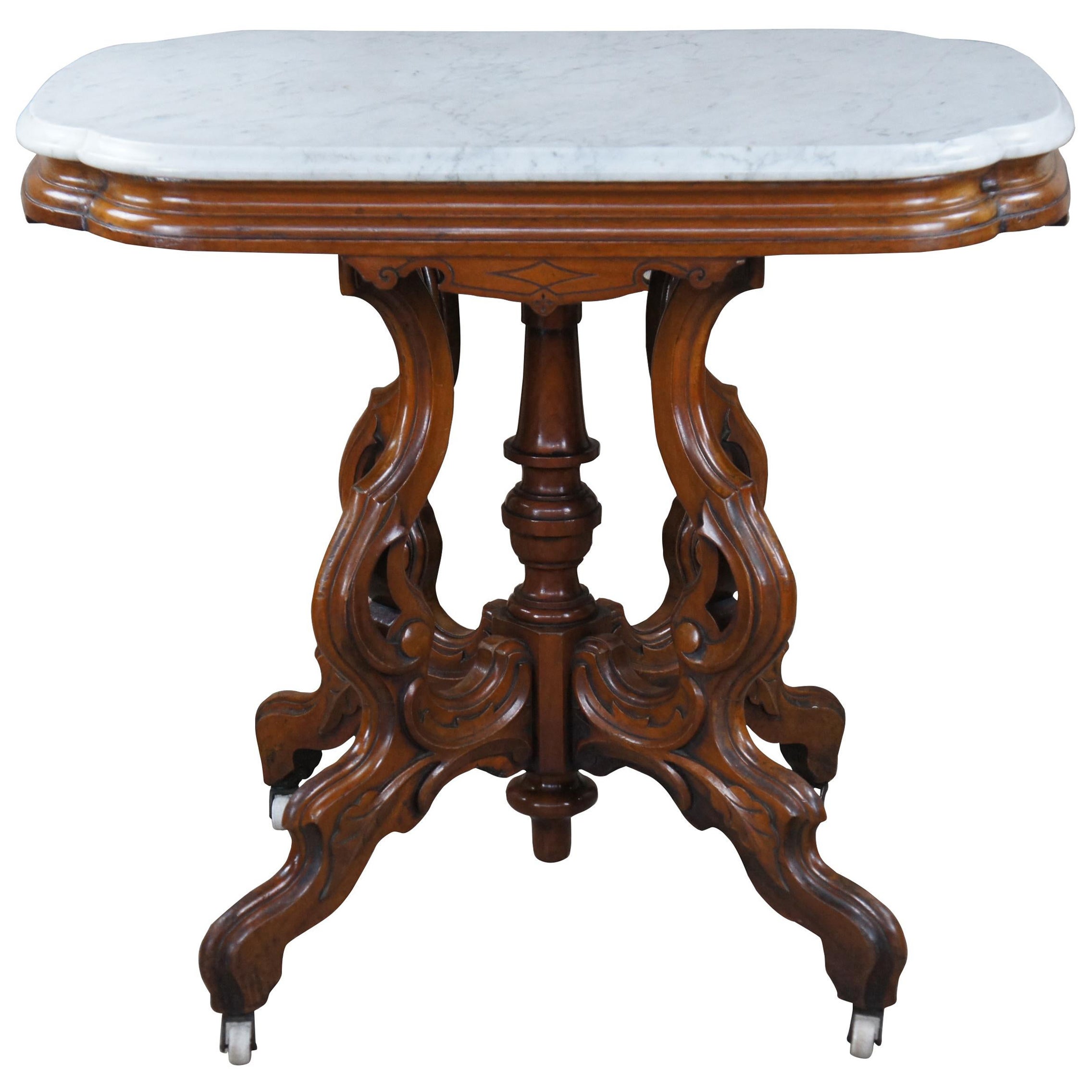Antique Victorian Carved Walnut Marble Top Parlor Center Accent Side Table 33" For Sale