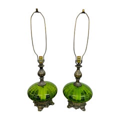 Vintage Hollywood Regency Style Green Glass Table Lamps