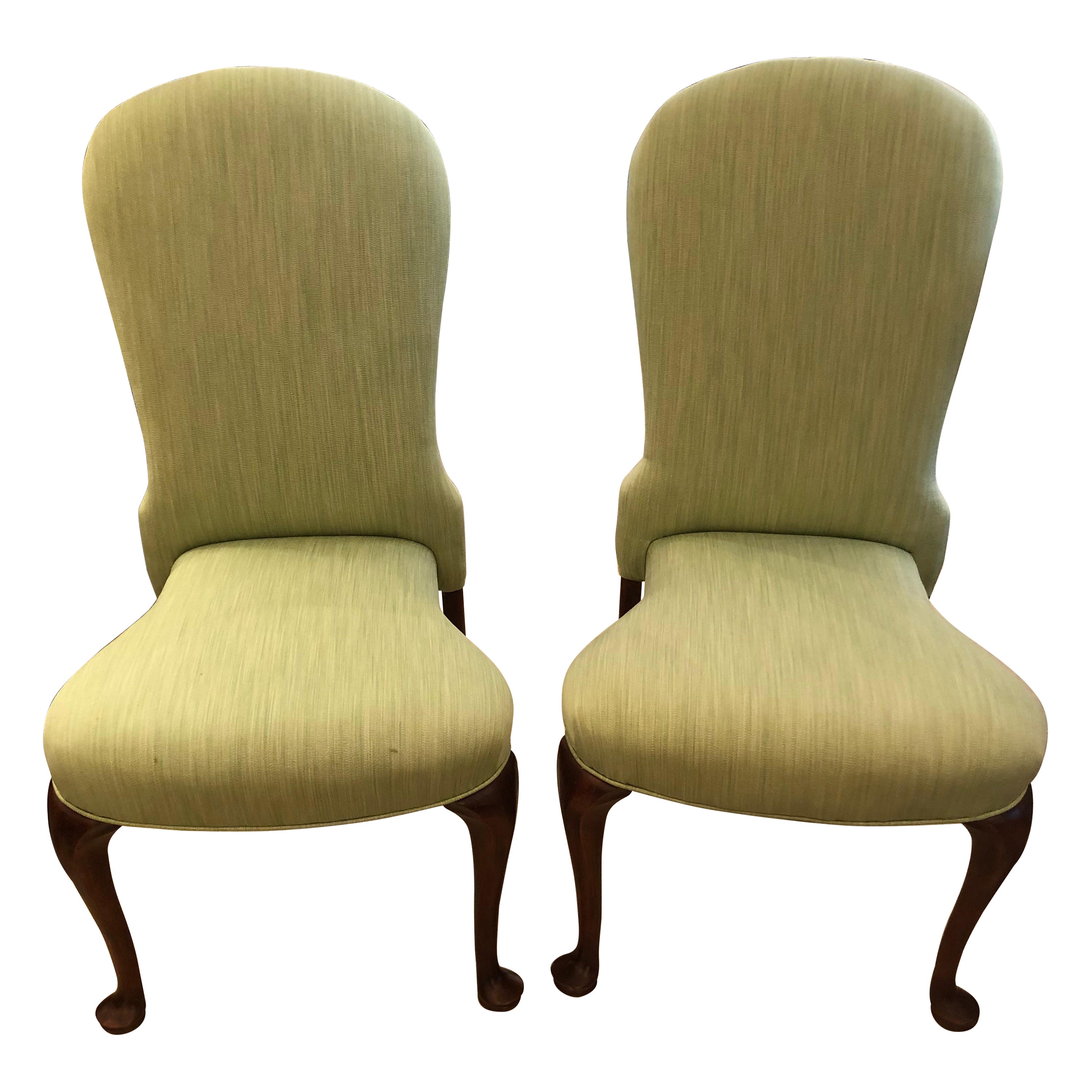 Elegant Pair of Upholstered Queen Anne Style Stackable Side Chairs For Sale