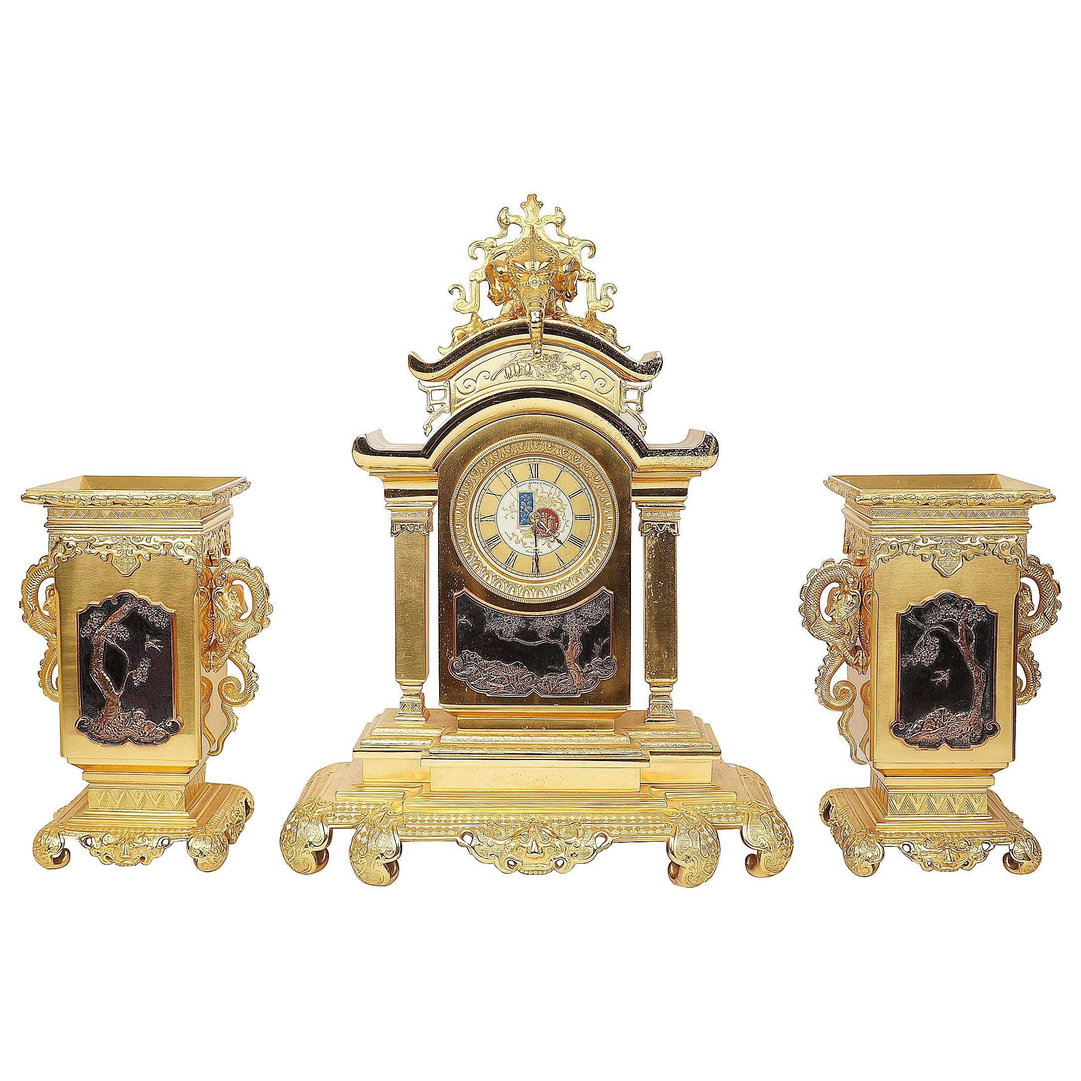 Important Oriental Japonism Style French Gilt Bronze Two Toned Mantel Clock Set