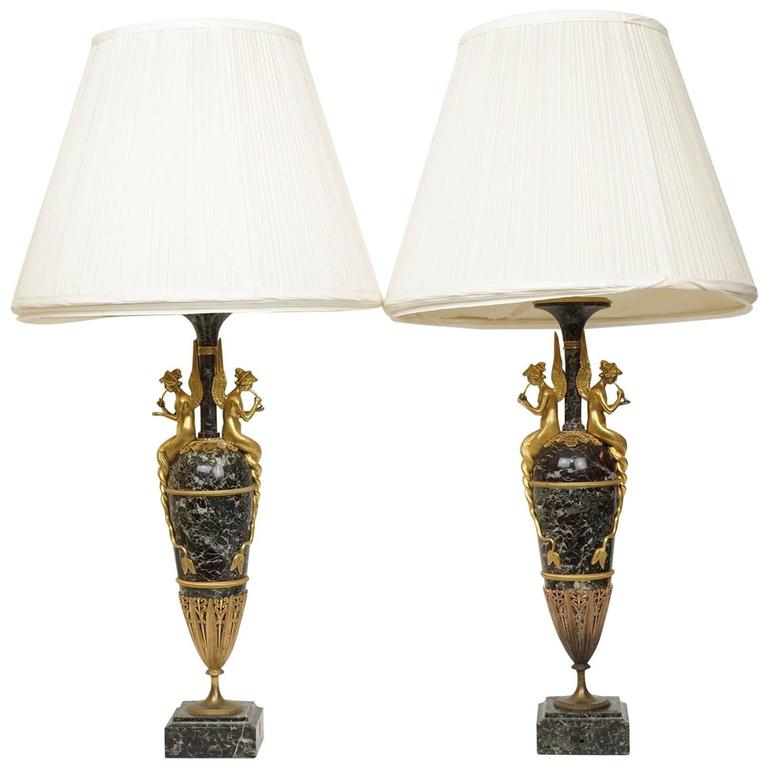 Neoclassical Pair Of Russian Empire Style Bronze And Marble Figural Table Lamps
