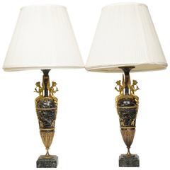 Neoclassical Pair of Russian Empire Style Bronze and Marble Figural Table Lamps