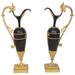 Pair of Russian Empire Style Patinated and Gilt Bronze Ewers with Rooster Head