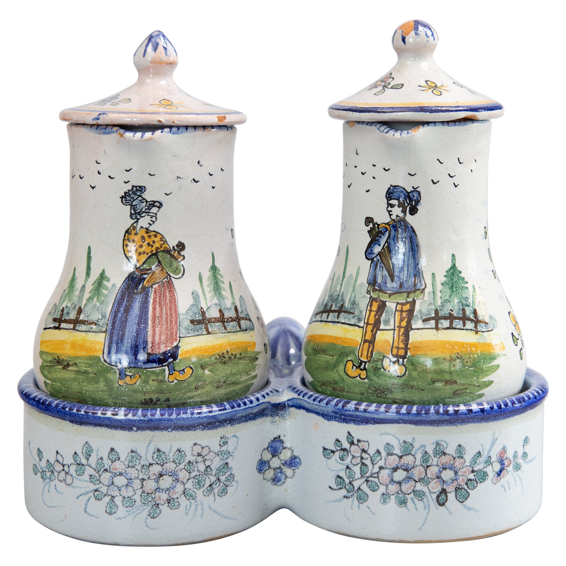 19th Century French Faience Quimper Oil & Vinegar Pitchers Cruet Set & Stand For Sale