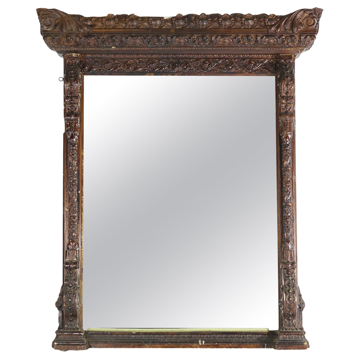 Antique Renaissance Revival Heavily Carved Wood & Gesso Over Mantle Mirror 19thC For Sale