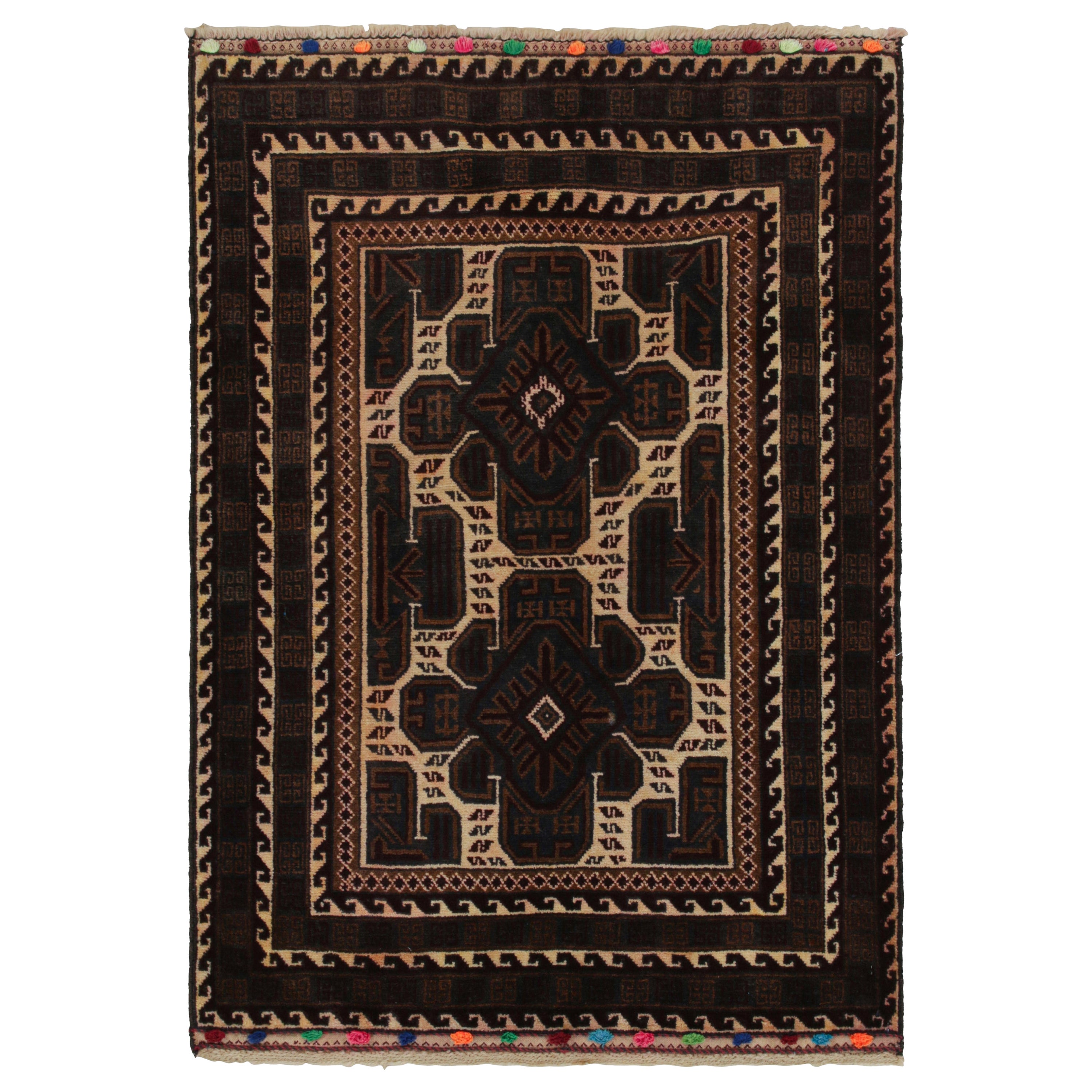 Vintage Baluch Persian rug in Beige, Brown & Blue Patterns from Rug & Kilim For Sale