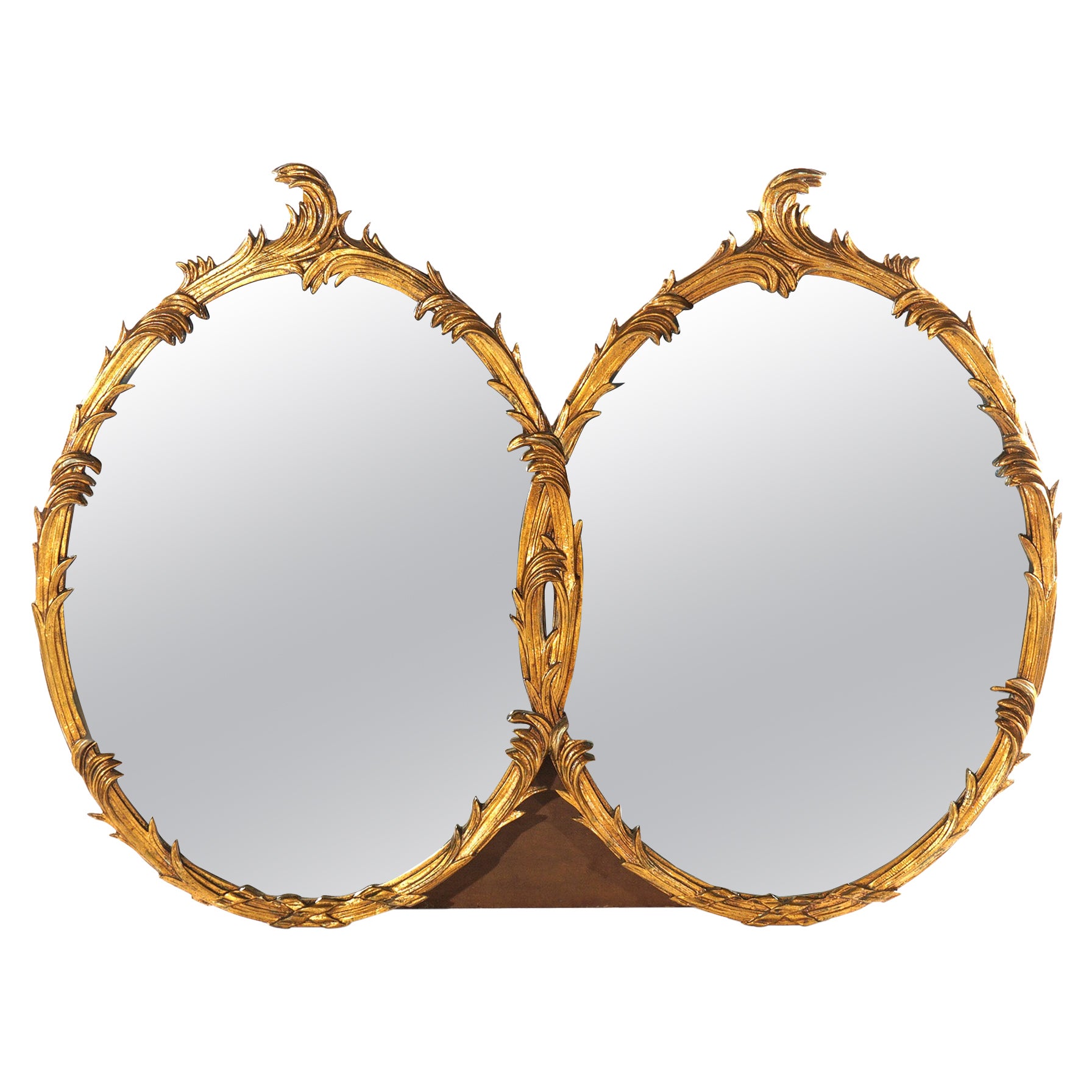 Grand miroir rococo français double ovale en bois doré à volutes et à feuilles, 20ème siècle en vente