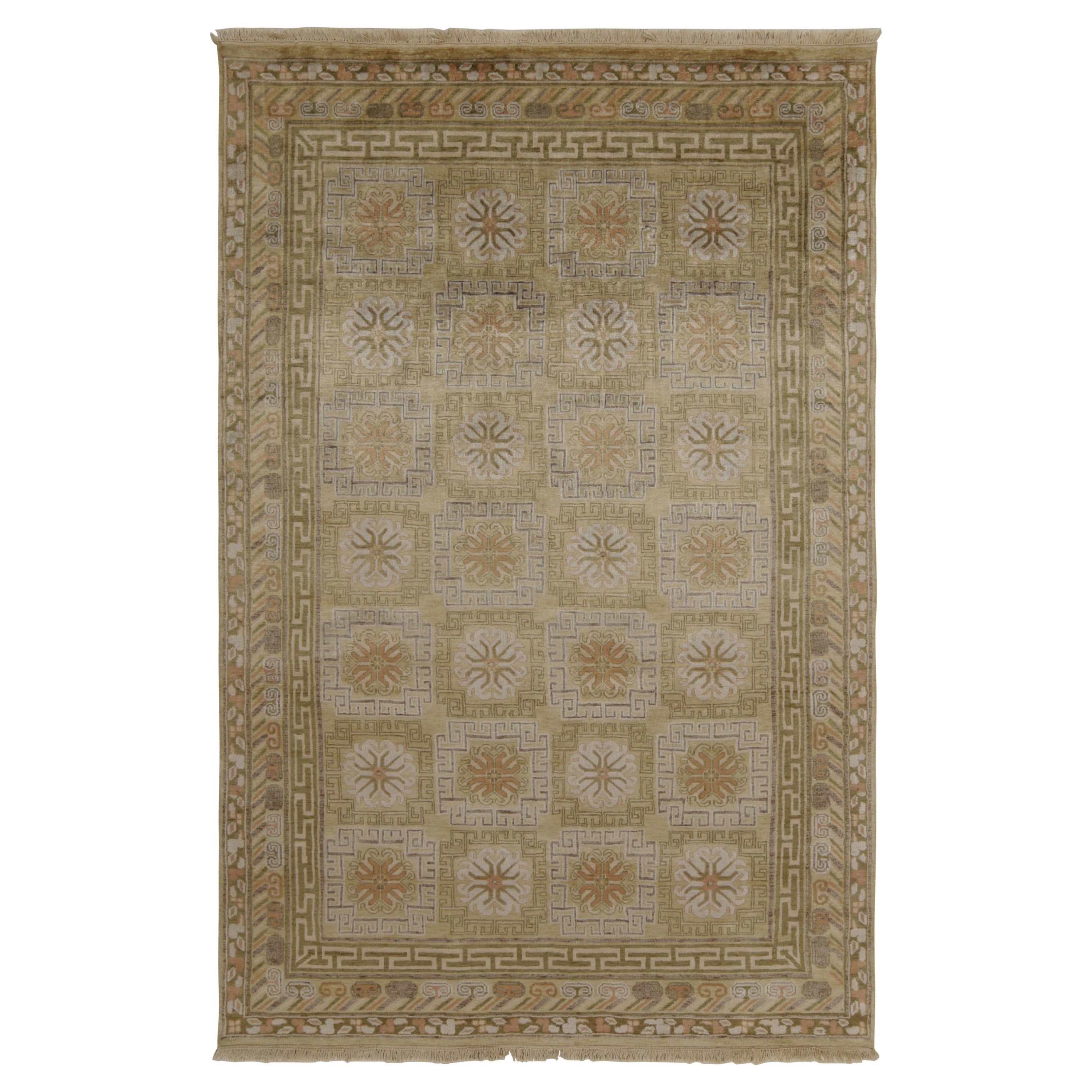 Rug & Kilim’s Khotan style rug in Gold and Beige-Brown Geometric Patterns For Sale