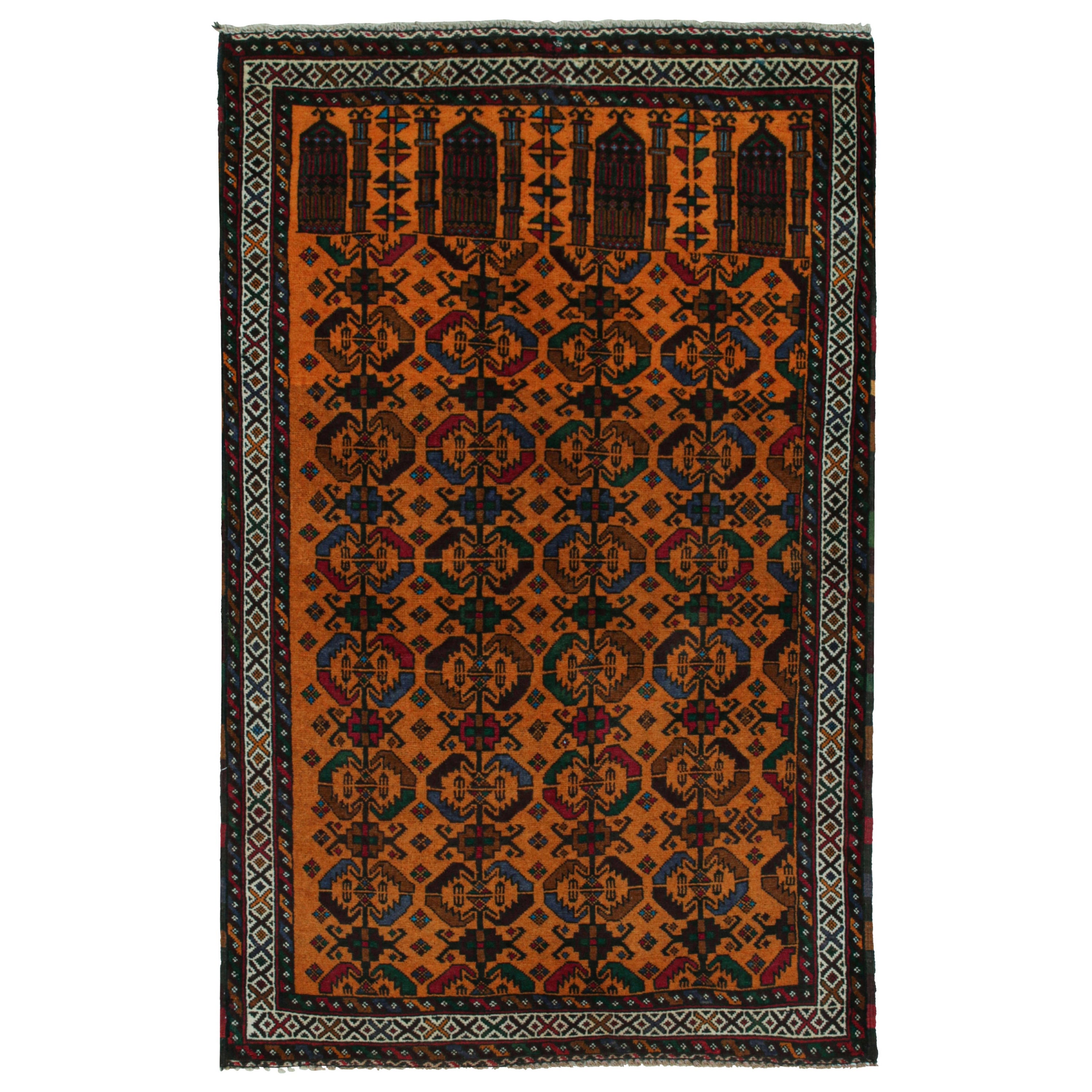 Vintage Baluch Persian rug in Gold with Red Blue&Black Patterns from Rug & Kilim For Sale