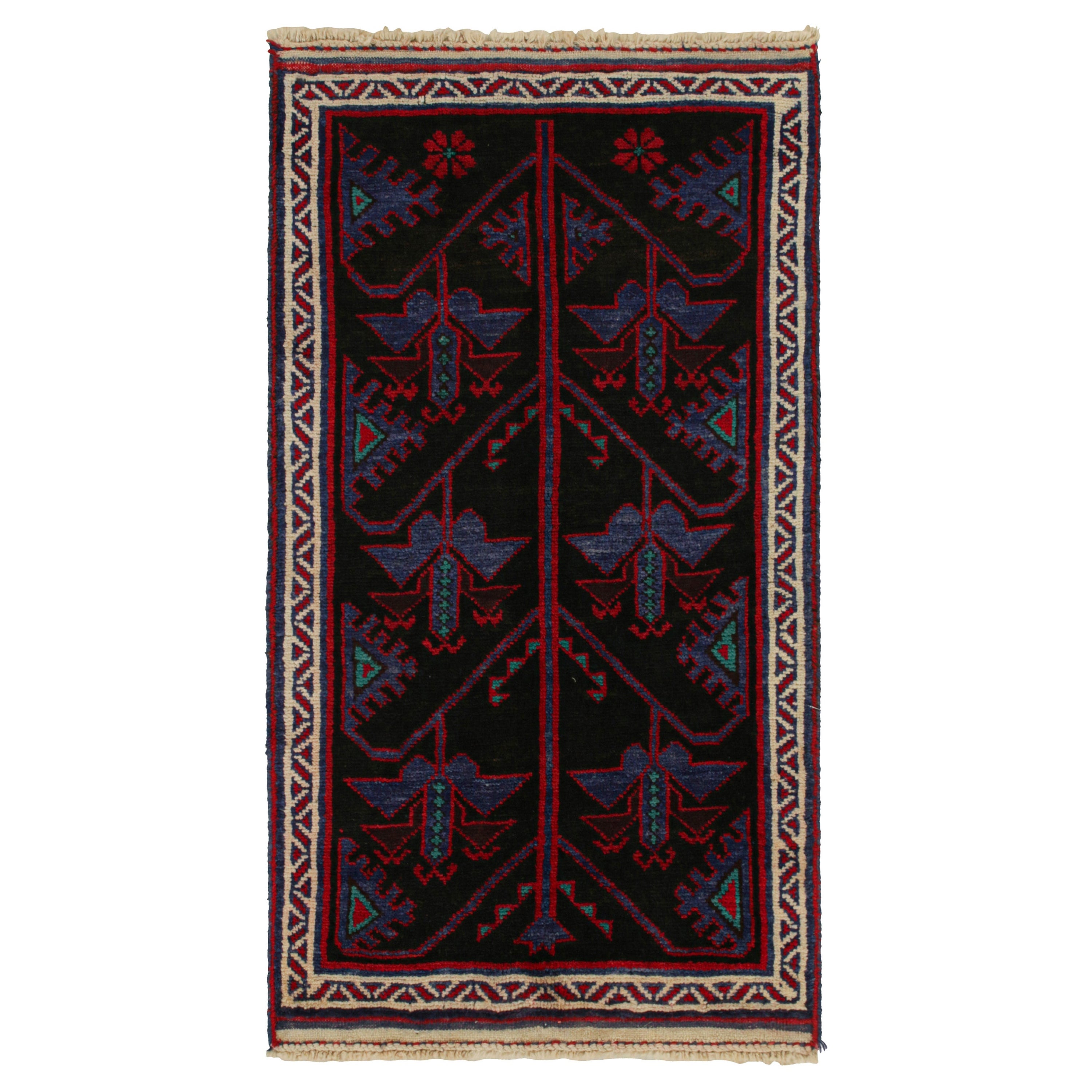 Vintage Baluch Persian rug in Black with Red & Blue Patterns from Rug & Kilim For Sale