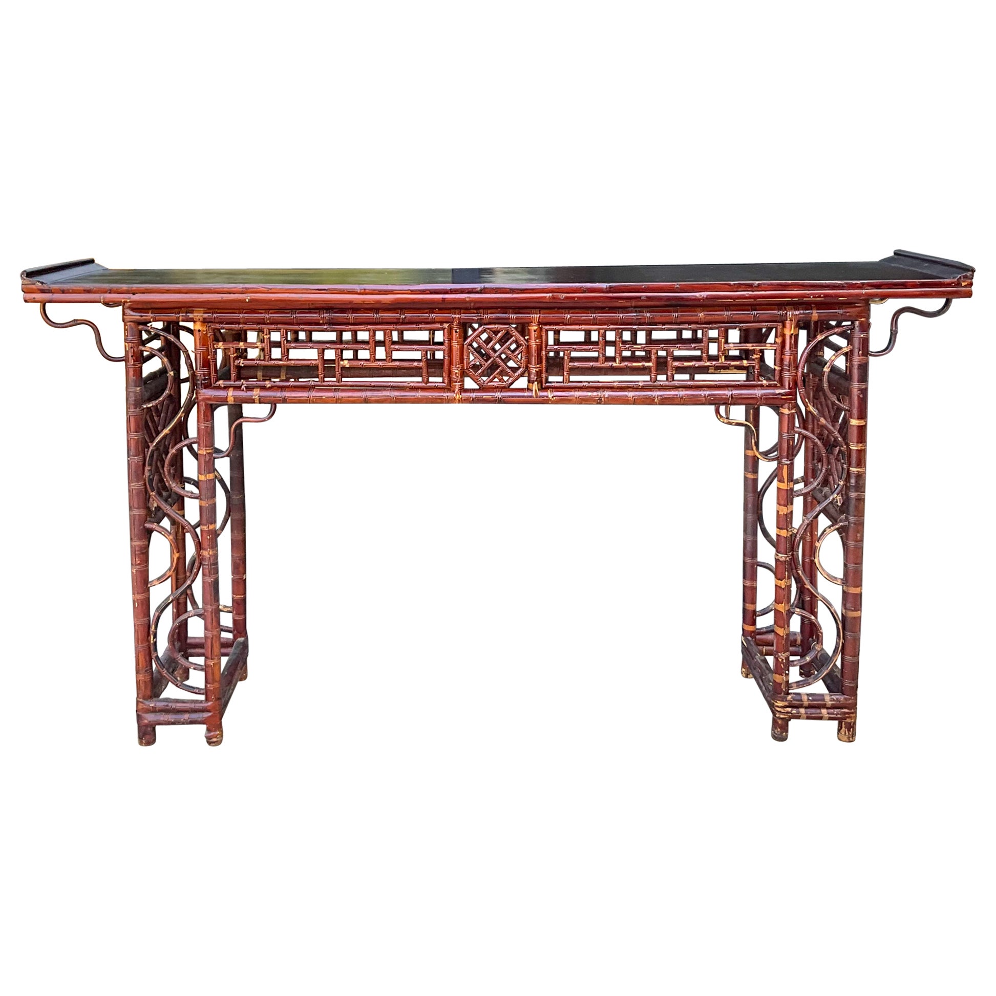 Antique Chinese Bamboo Altar Console Table With Chippendale Fretwork