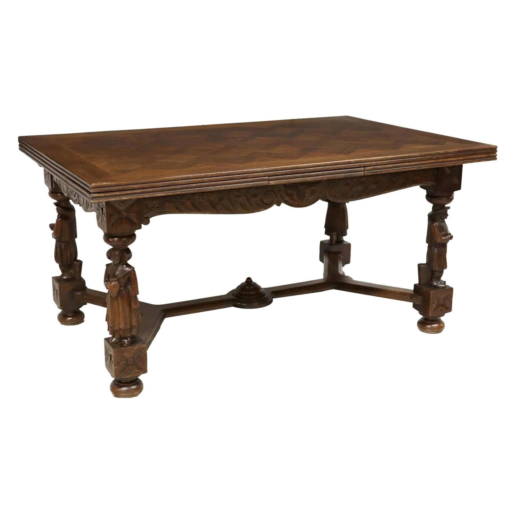   1700s / 1800s   Antique French Breton, Figural, Carved, Oak, Draw Leaf Table For Sale