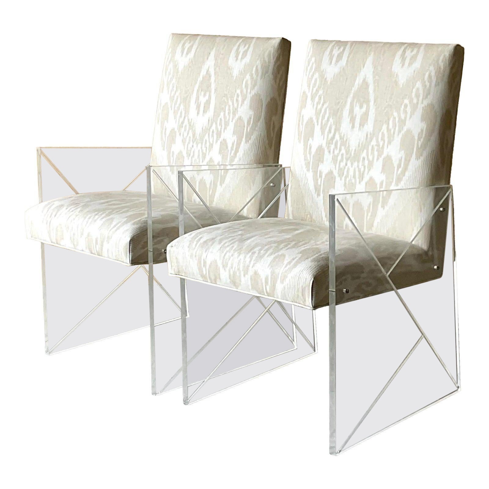 Vintage Boho French 60s Lucite Host Chairs in Thibaut Ikat - a Pair For Sale