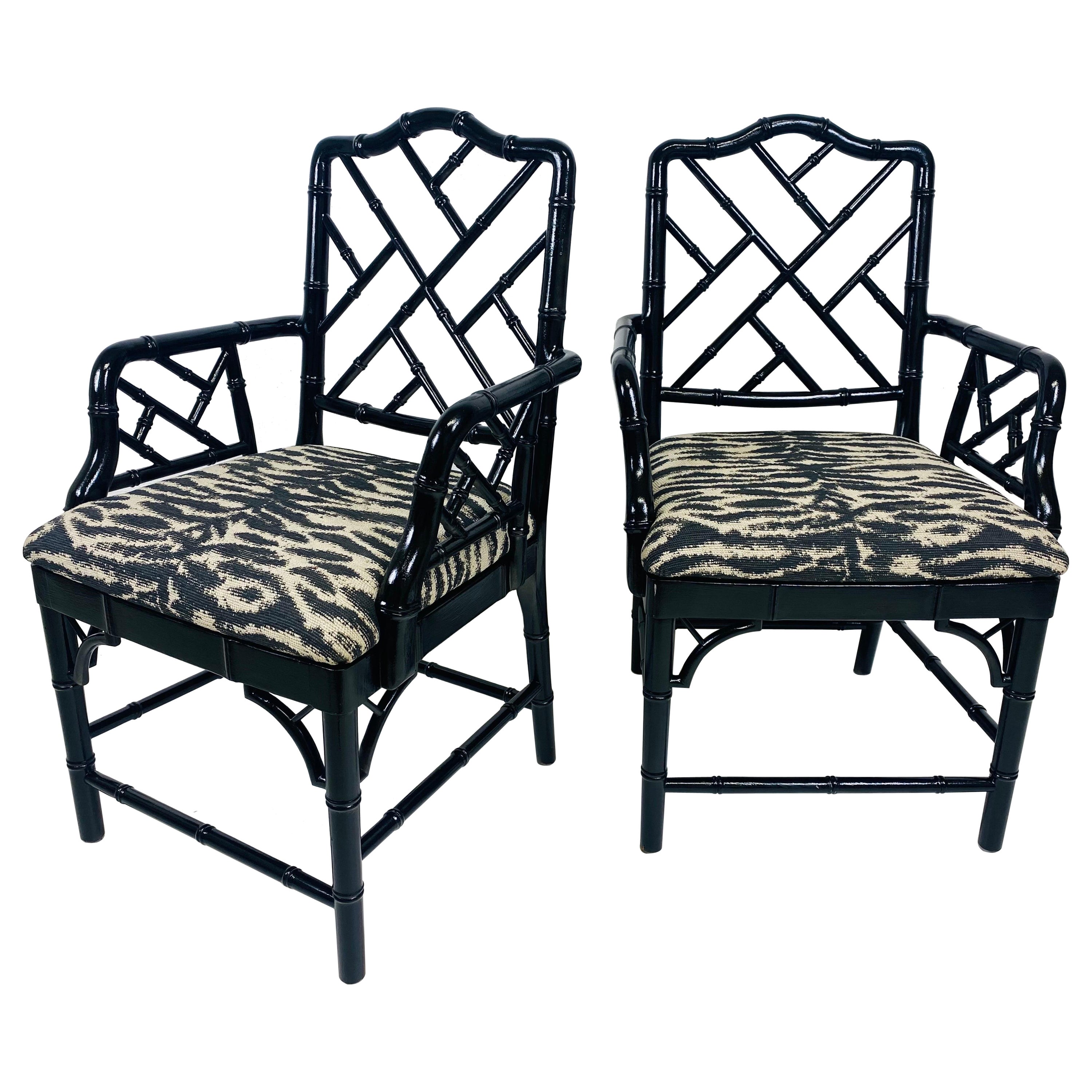 Regency style black Lacquered faux bamboo arm chairs/pair For Sale