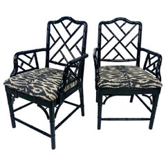 Regency style black Lacquered faux bamboo arm chairs/pair