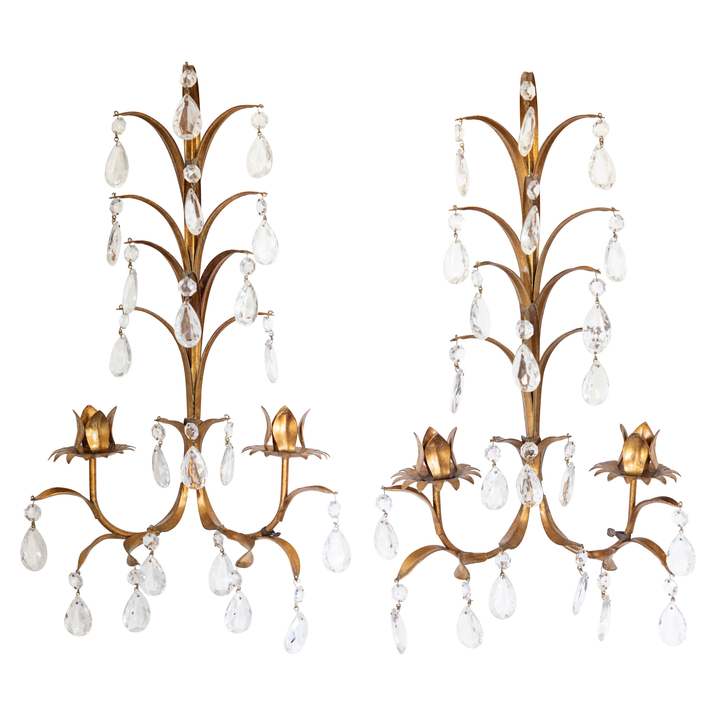 Pair of Mid 20th Century Italian Gilt Tole & Crystals Candelabra Candle Sconces For Sale