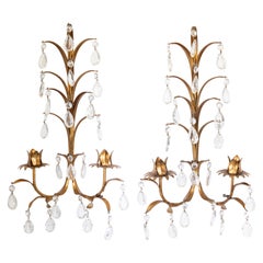 Antique Pair of Mid 20th Century Italian Gilt Tole & Crystals Candelabra Candle Sconces