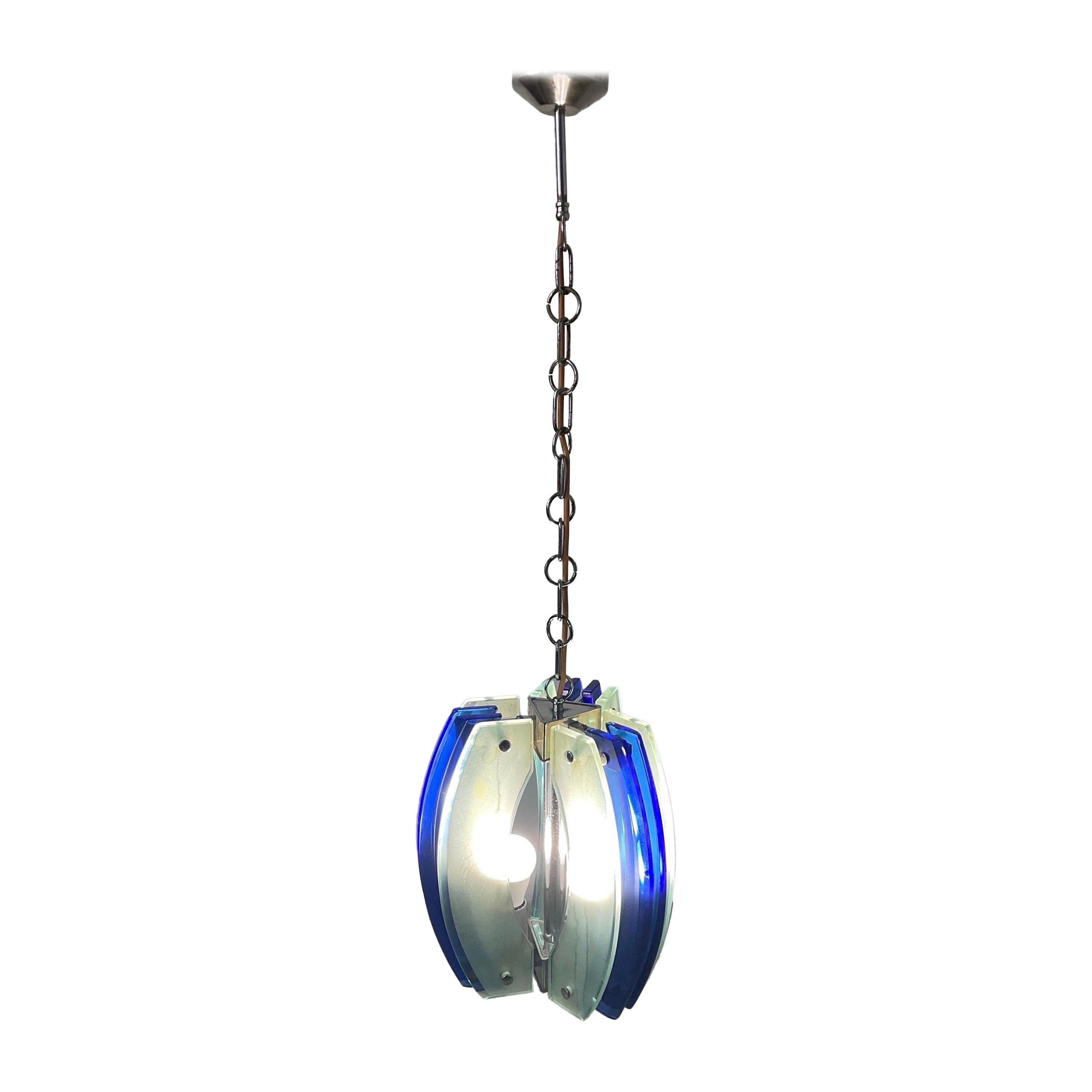 Three lights chandelier, colored glass attributable to Fontana Art