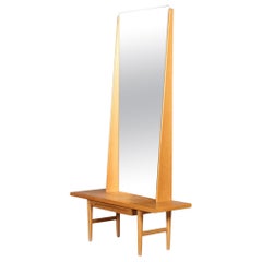 Rare Kurt østervig Freestanding Oak Hall Mirror With Drawer