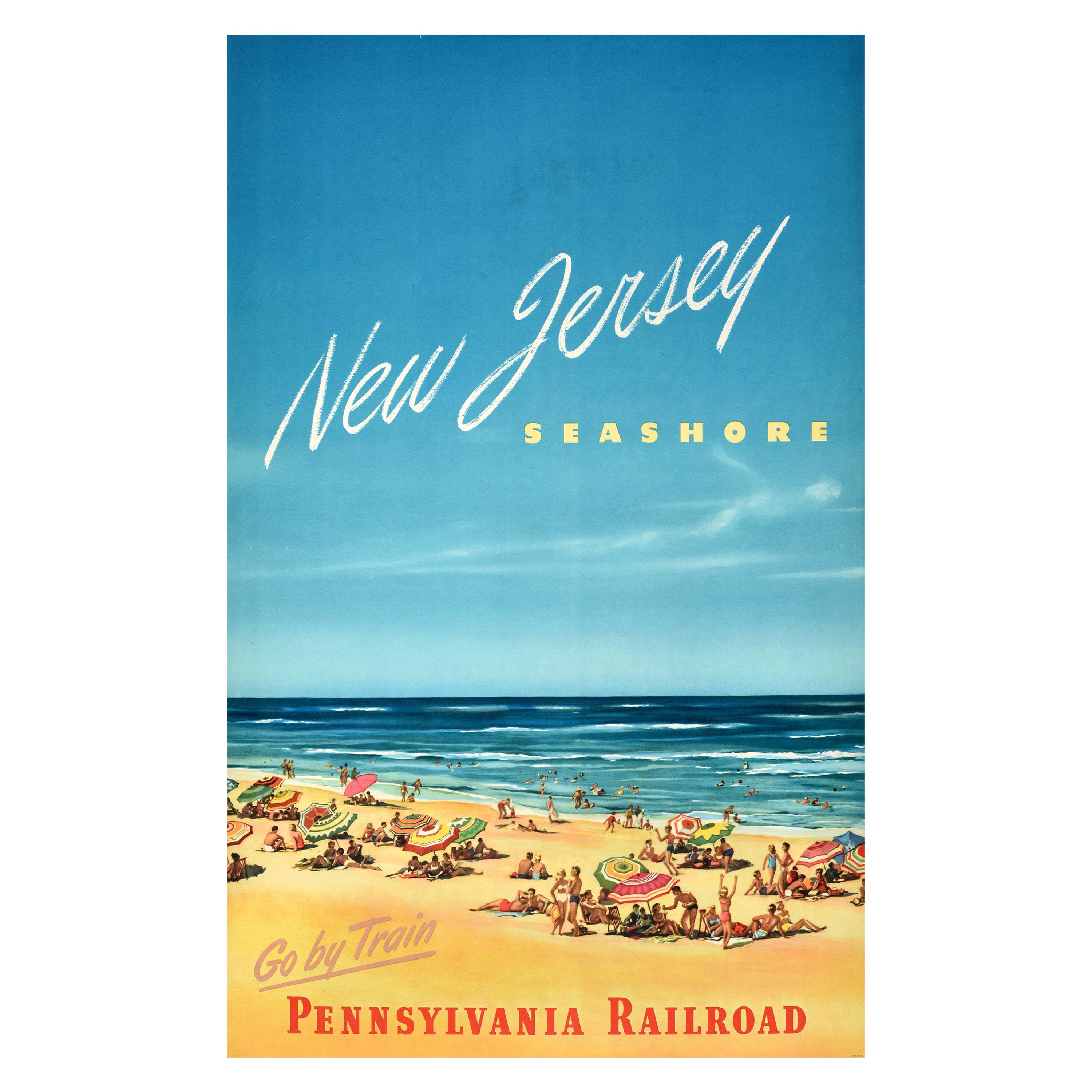 Original Vintage Travel Poster New Jersey Seashore Pennsylvania Railroad Beach For Sale