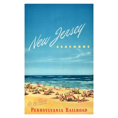 Original Vintage Travel Poster New Jersey Seashore Pennsylvania Railroad Beach