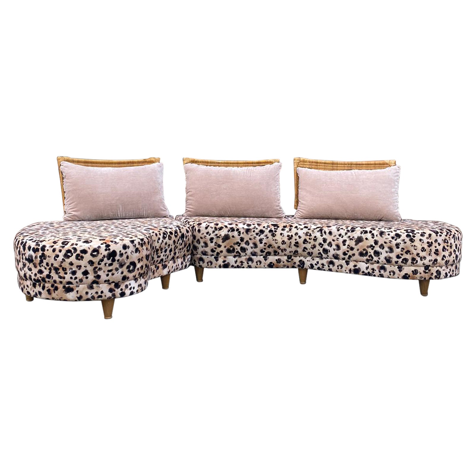 Large Harrods 1980s leopard print curved sofa 