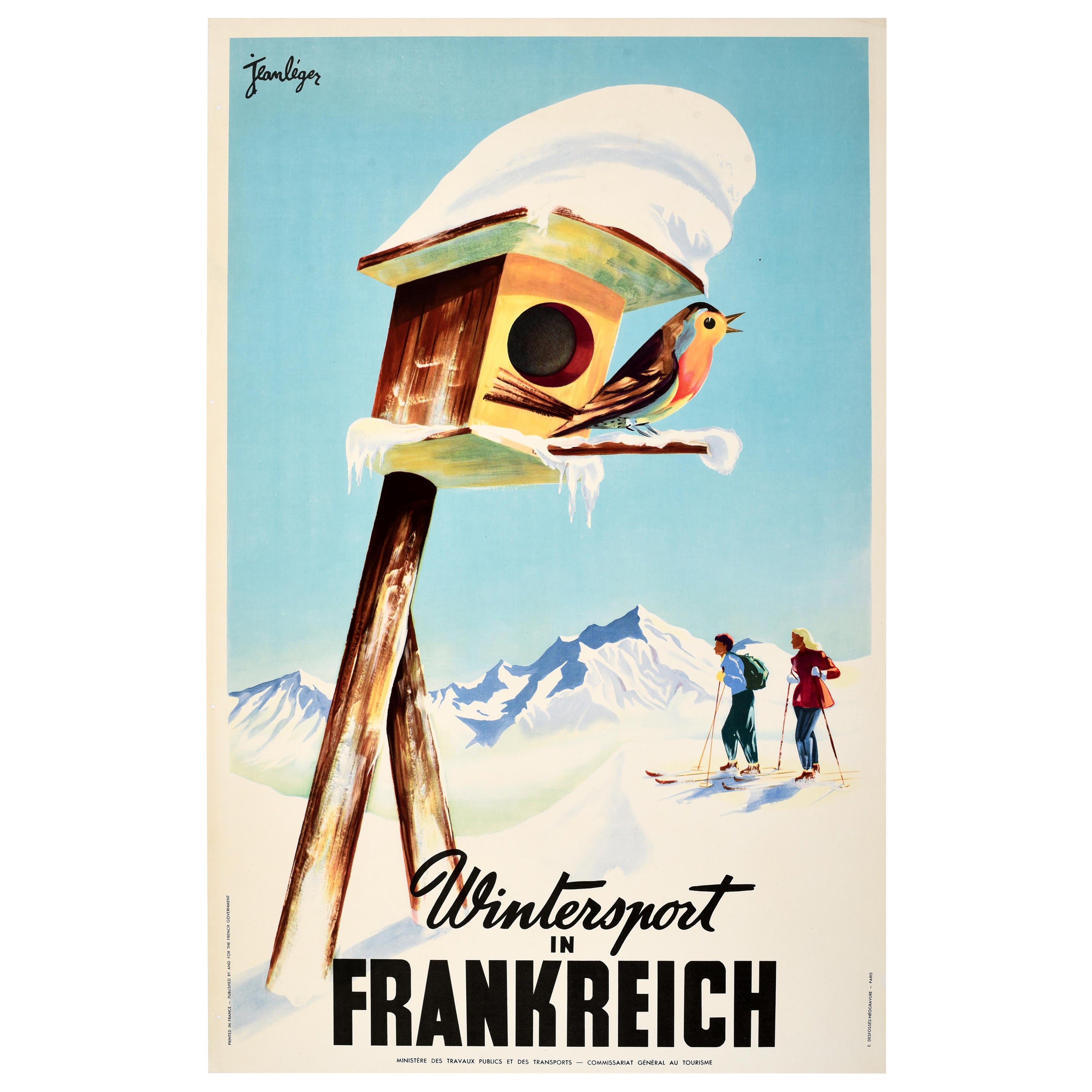 Affiche de ski vintage d'origine Ski France par Frankenreich pour les sports d'hiver Jean Leger en vente