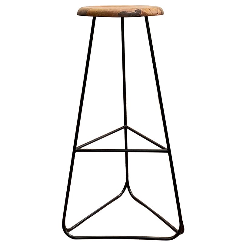 Bar Stool with Black Steel Frame and Massive Walnut Seat For Sale