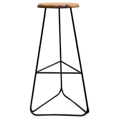 Bar Stool with Black Steel Frame and Massive Walnut Seat