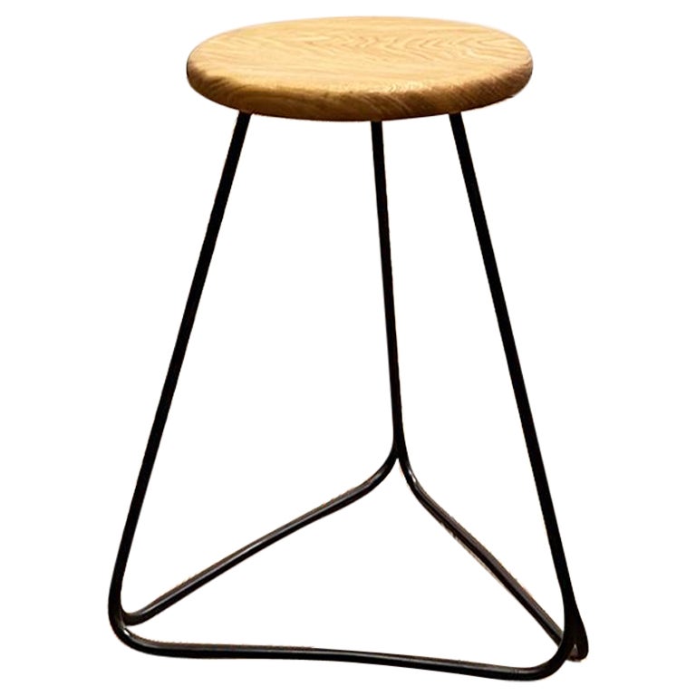 Bar Stool with Black Steel Frame and Massive Oak Seat For Sale