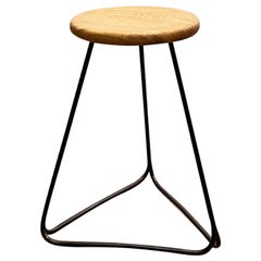 Bar Stool with Black Steel Frame and Massive Oak Seat