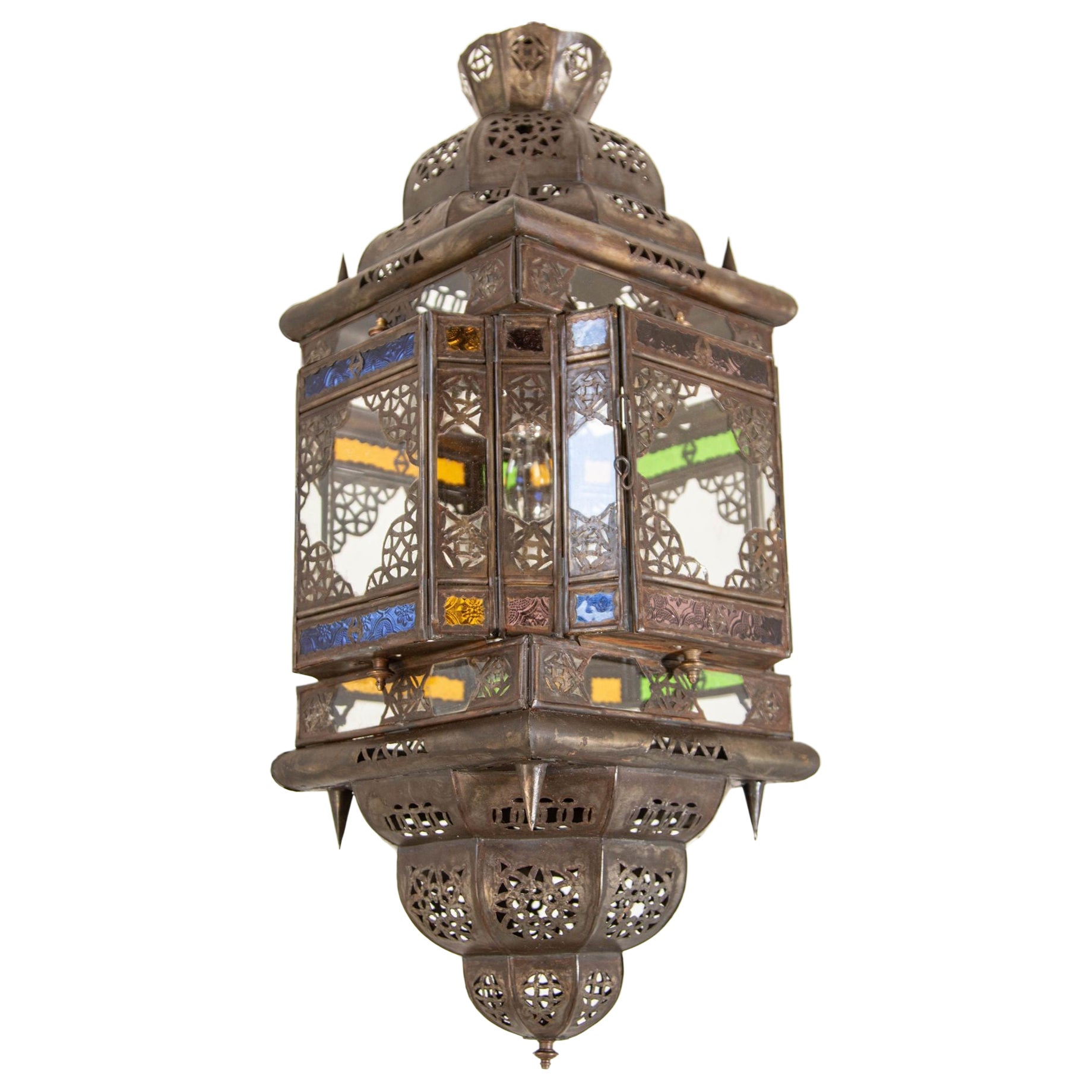Vintage Moroccan Hanging Lantern Clear and Multicolor Glass Made in Marrakech For Sale
