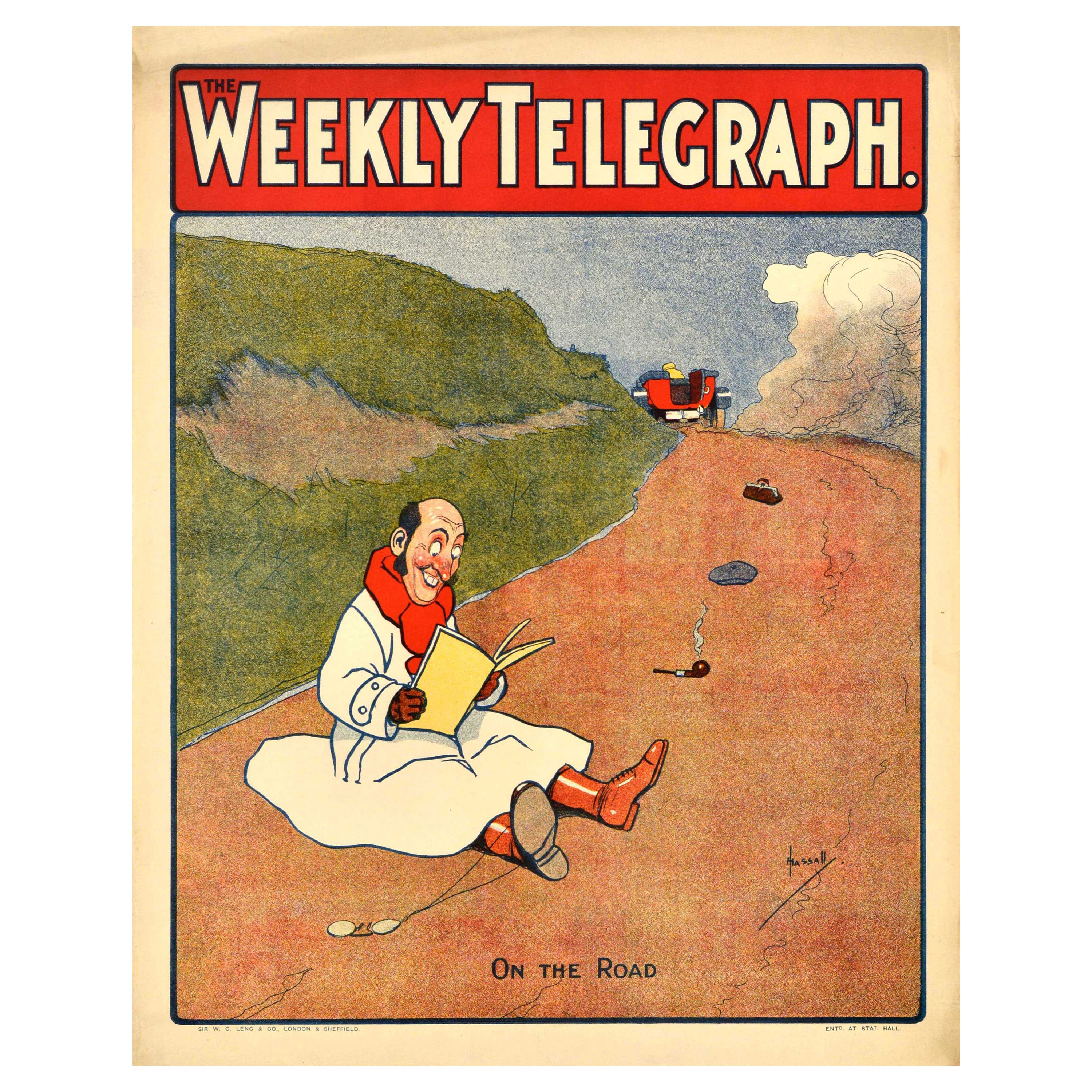 Original Antique Newspaper Advertising Poster The Weekly Telegraph On The Road For Sale