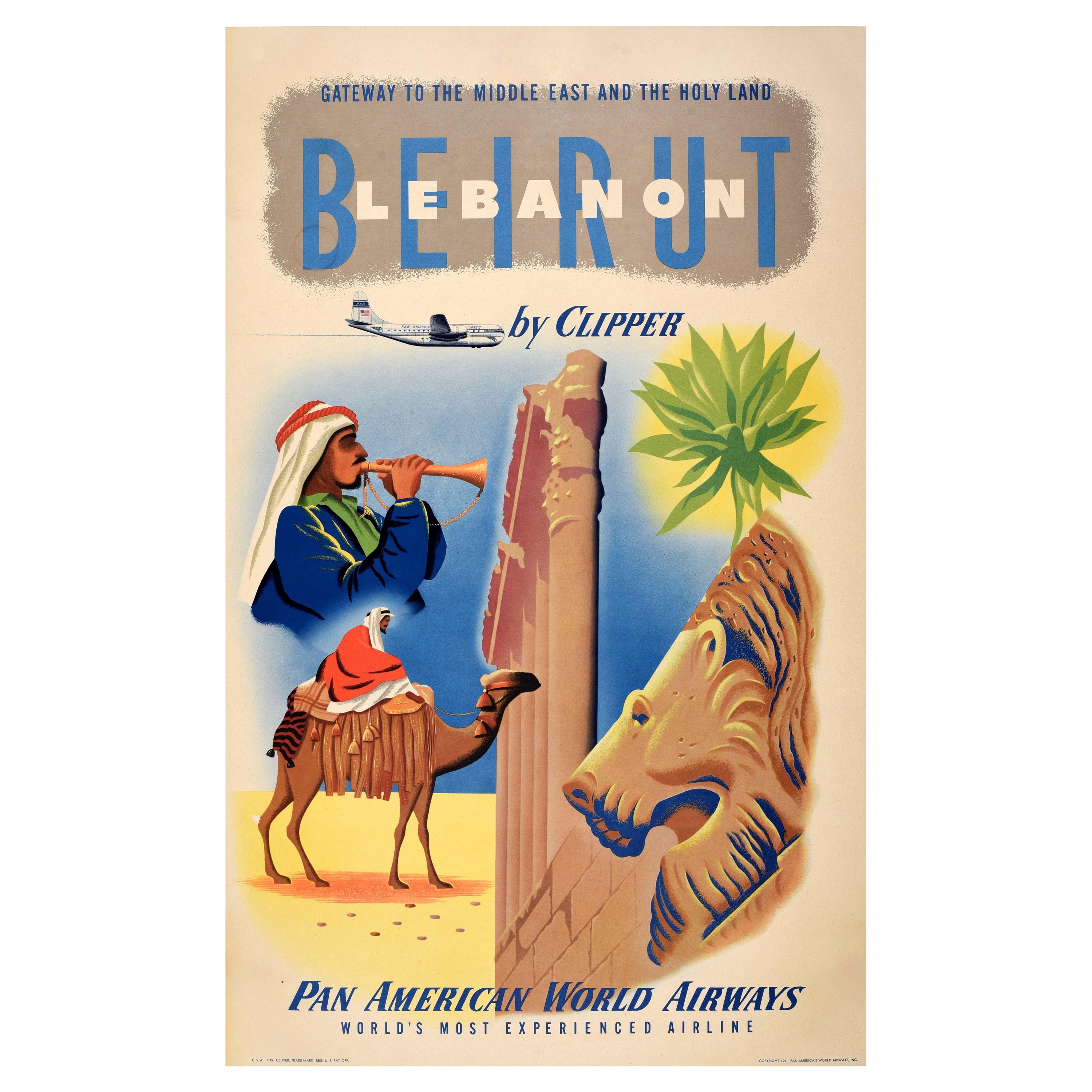 Affiche rétro originale de voyage, Beyrouth, Liban, Compagnie aérienne PanAm du Moyen-Orient en vente