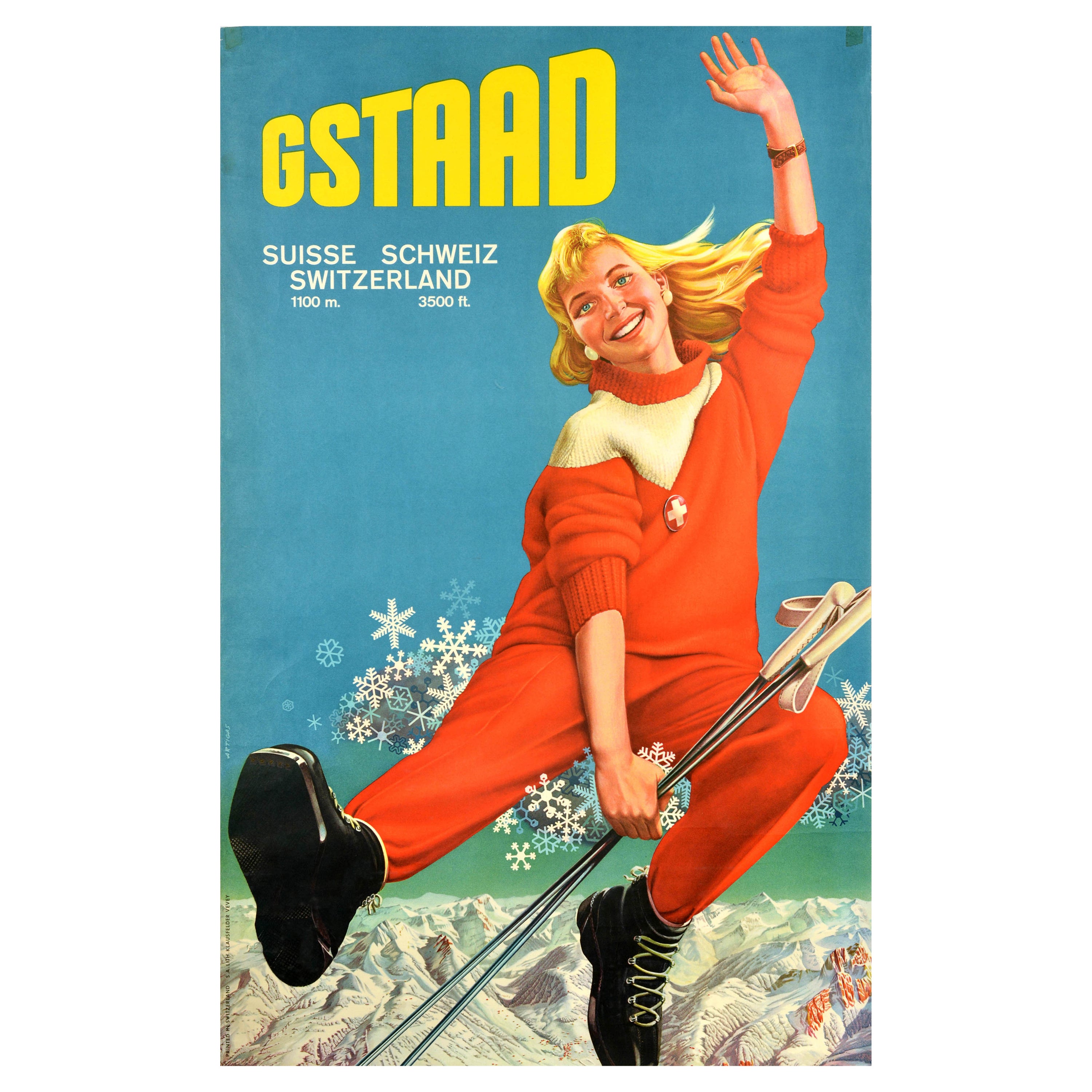 Original Vintage Travel Skiing Poster Gstaad Switzerland Ski Winter Sports Alps For Sale
