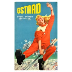 Affiche rétro originale de voyage, Ski, Gstaad, Suisse, Sports d'hiver, Alpes
