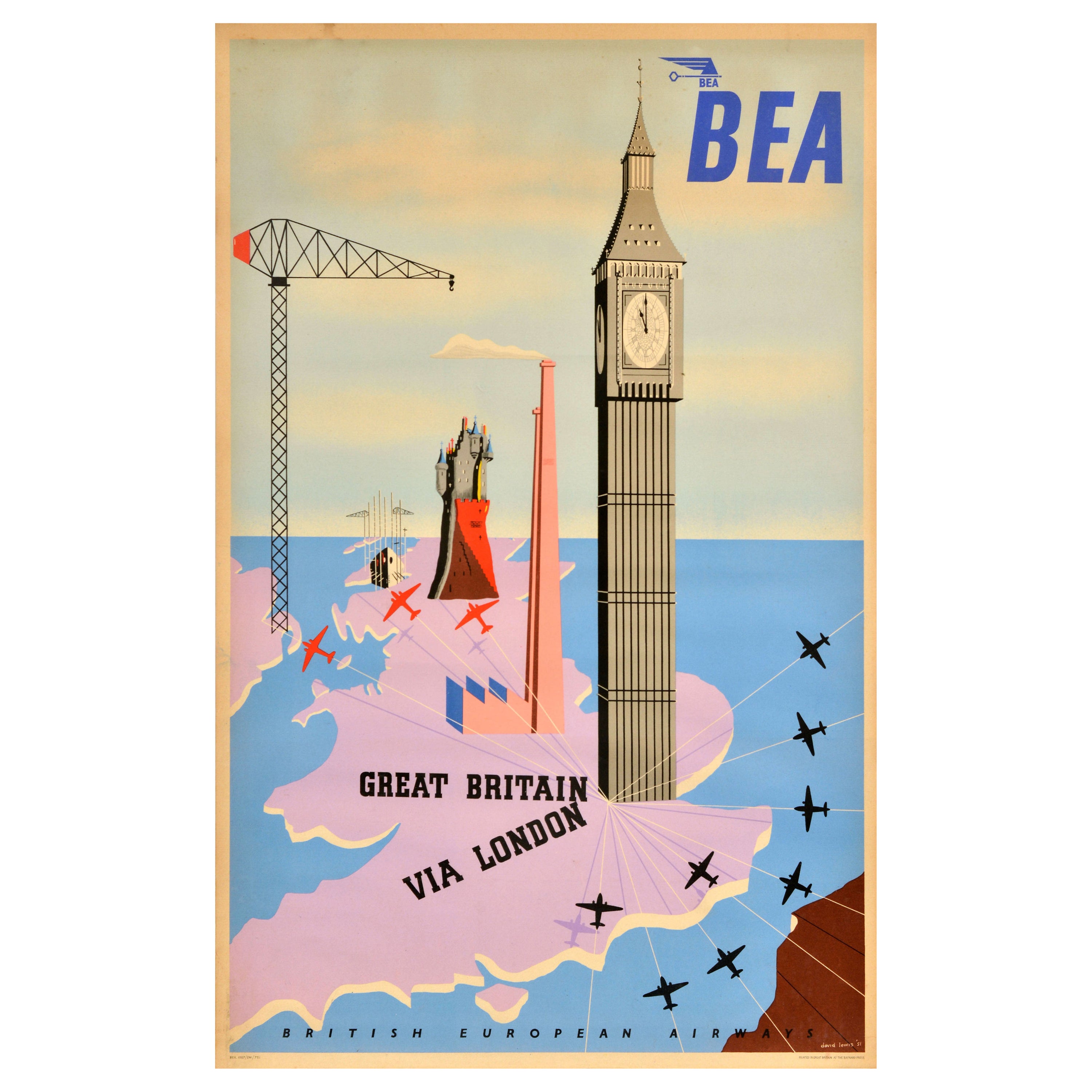 Affiche publicitaire originale de voyage vintage BEA Great Britain Via London Lewis