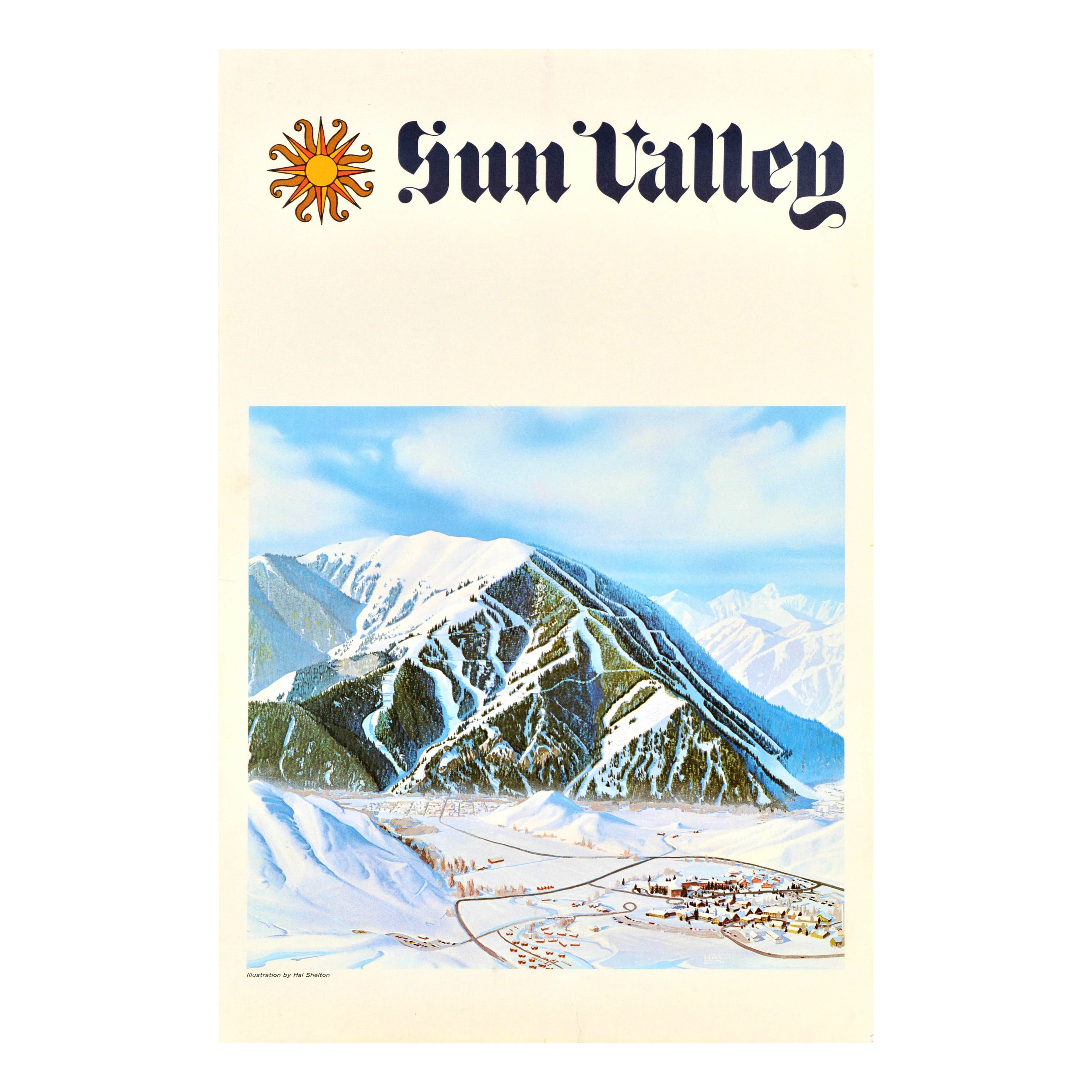 Original Vintage Winter Travel Poster Sun Valley Idaho Ski Resort Bald Mountain For Sale
