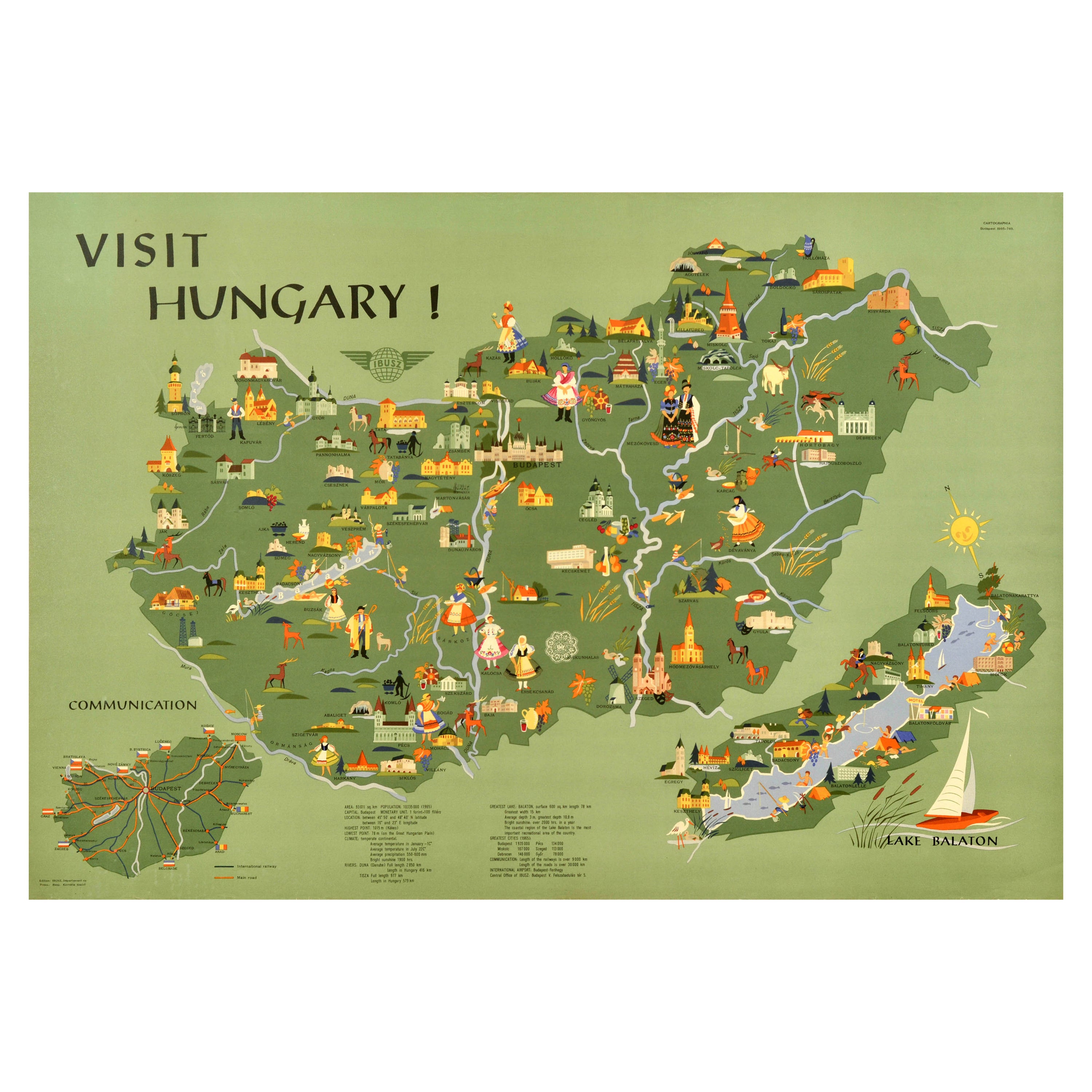 Original Vintage Travel Poster Visit Hungary Pictorial Map Budapest Lake Balaton For Sale