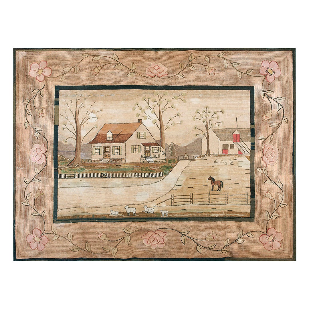 Scenic American Hooked Teppich mit Kapuze aus dem frühen 20. Jahrhundert ( 8'9'' x 11'8'' - 267 x 356") im Angebot
