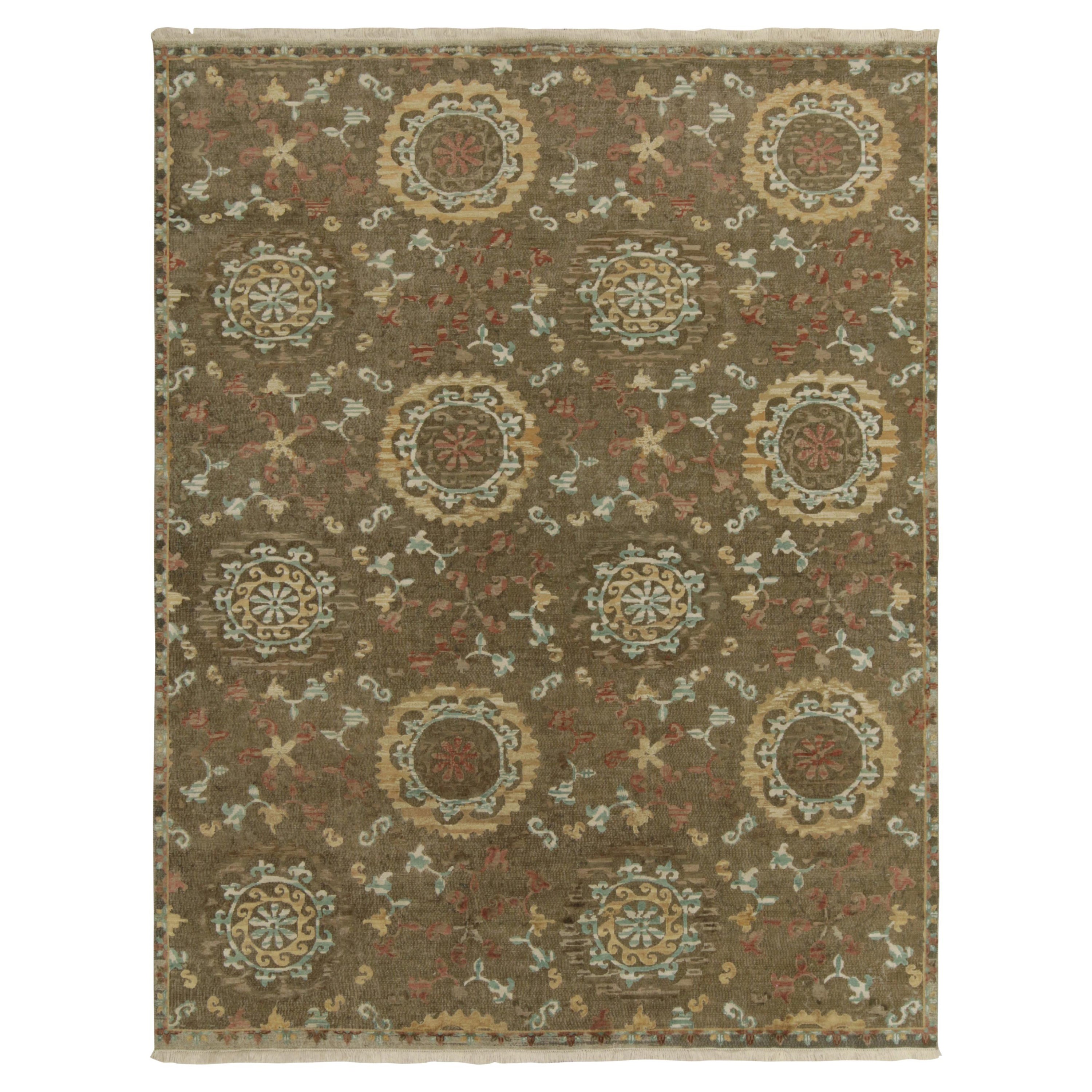 Rug & Kilim’s Classic Spanish Style Rug in Beige-Brown, Gold & Blue Medallions For Sale