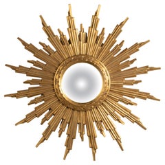 Mid-Century Modern Gilded Wooden Carved Convex Sunburst Mirror 