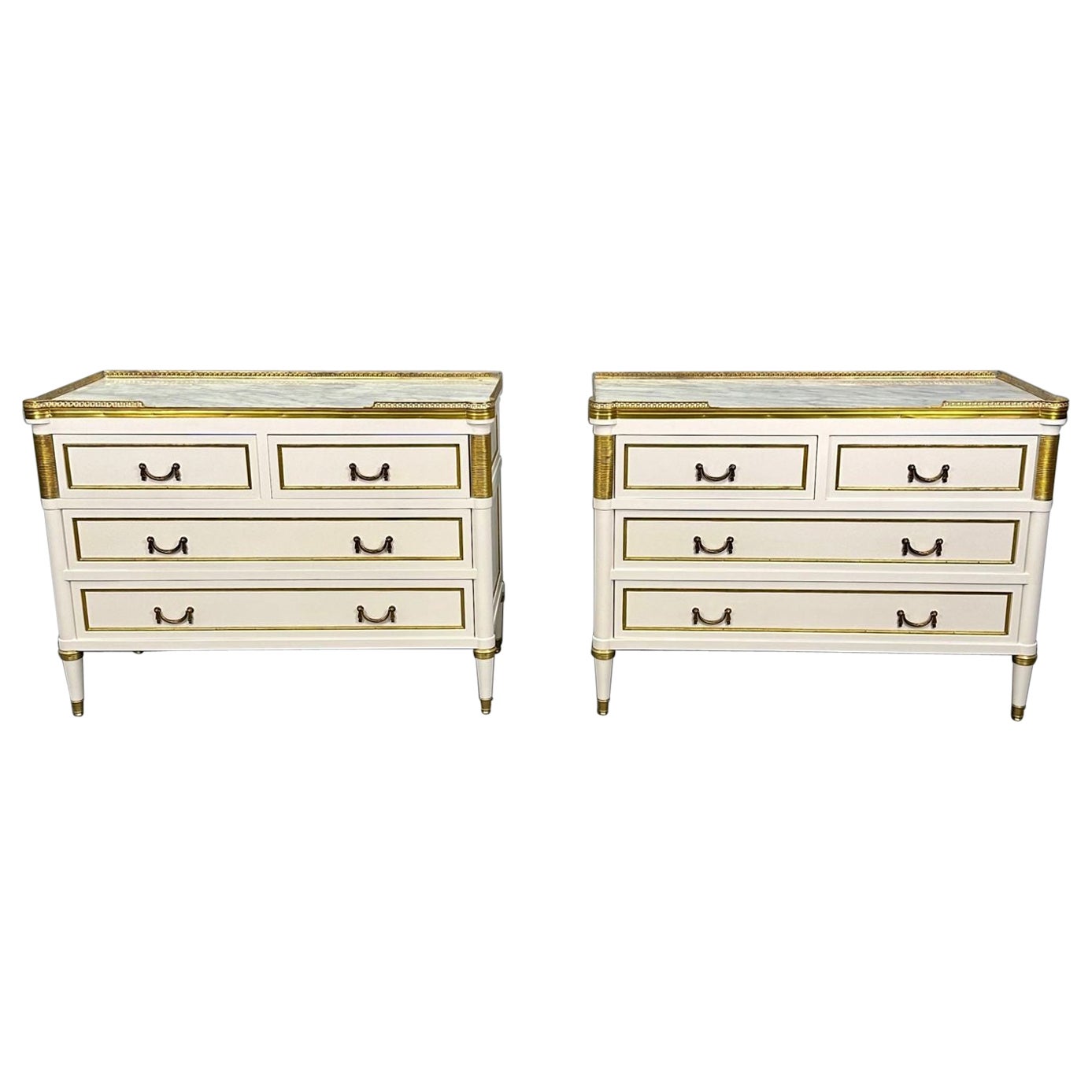 Louis XVI Hollywood Regency Maison Jansen Style White Commodes / Nightstands For Sale