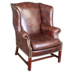 Classic Leather Antique Patinated Brown Genuine Leather Chippendale Armchair