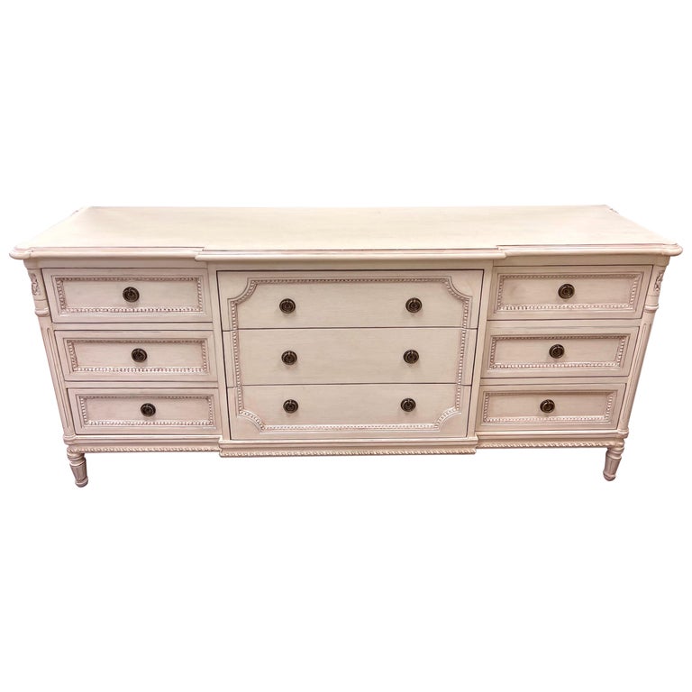 French Style Cream Distressed Carved Dresser Chest by Louis J. Solomon at  1stDibs