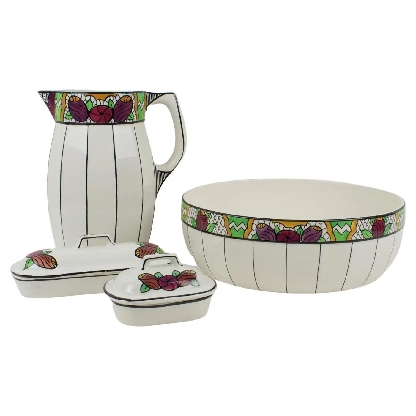 Art Deco Auguste Mouzin Ceramic Toiletry Dresser Bowl, Pitcher and Boxes Set