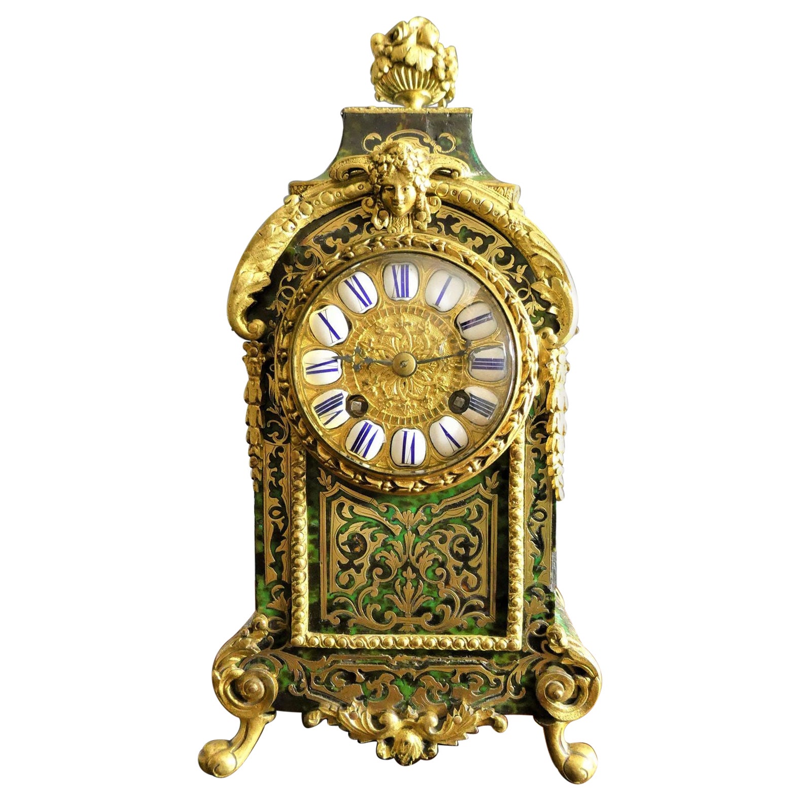 French Green Tortoiseshell Boulle Clock by R & C, Paris For Sale